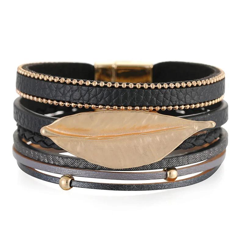 Metal Leaf Charm Leather Bracelet for Women Multilayer Wide Wrap Wristband