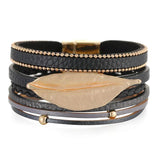 Metal Leaf Charm Leather Bracelet for Women Multilayer Wide Wrap Wristband