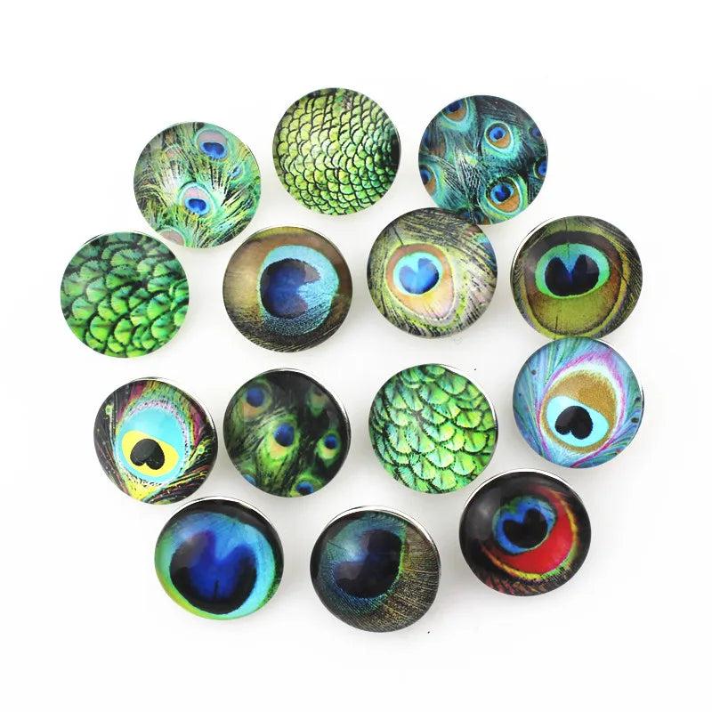 20pcs Glass Peacock Feather Snap Button Charms for 18mm Bracelets Necklace