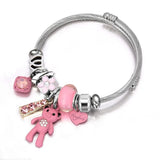Retro Big Pink Bear Charm Bangle with Rhinestones