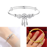 Adjustable Silver Bangle with Tassel Feather Charm Bracelet