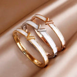 Stainless Steel Letter V Charm Bracelet Roman Crystal Wrist Jewelry