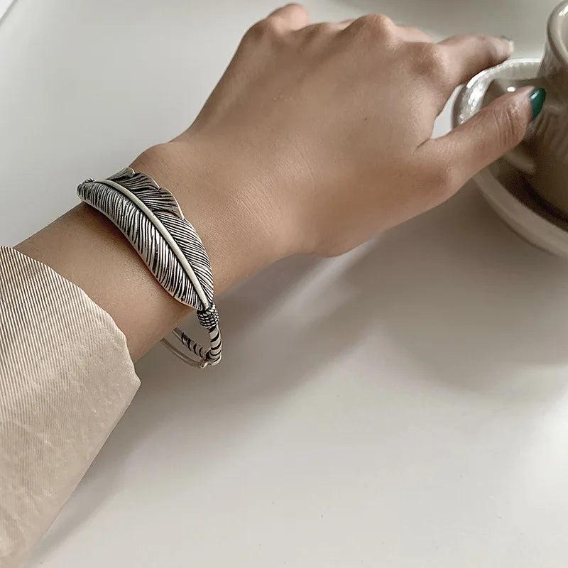 Japanese Feather Bracelet for Women Men Vintage Thai Silver Jewelry