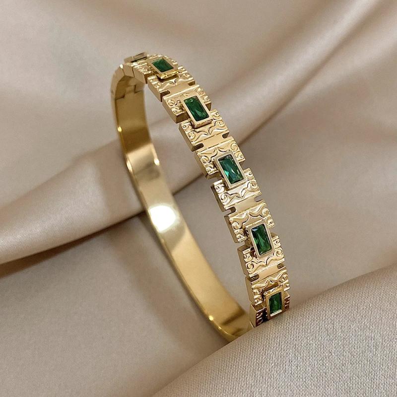 Vintage Green Zircon Bangle Women Stainless Steel Bracelet
