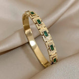 Vintage Green Zircon Bangle Women Stainless Steel Bracelet