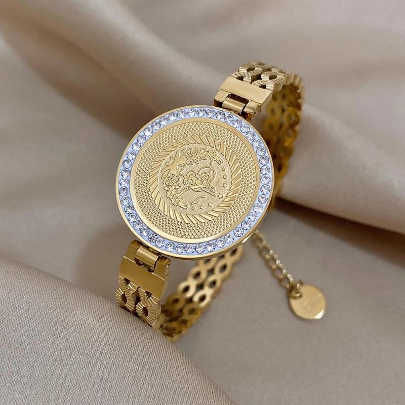 316L Stainless Steel Portrait Coin Wide Bracelet 18K Plate Women's Cuff
