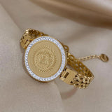 316L Stainless Steel Portrait Coin Wide Bracelet 18K Plate Women's Cuff