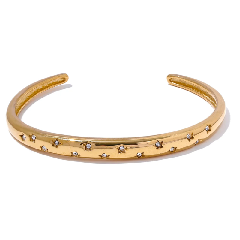 Star CZ Stainless Steel Cuff Bracelet 18K PVD Plated Bangle Gift