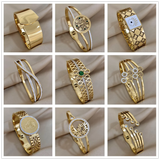 Charm Leaf Eye Coin Geometric Wide Bangle 18K Plated