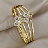 Charm Leaf Eye Coin Geometric Wide Bangle 18K Plated