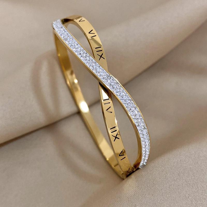 Stainless Steel Rhinestone Roman Numerals Bangles Bracelets 18K Plate