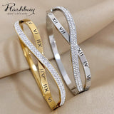 Stainless Steel Rhinestone Roman Numerals Bangles Bracelets 18K Plate