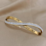 Stainless Steel Rhinestone Roman Numerals Bangles Bracelets 18K Plate