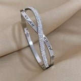 Stainless Steel Rhinestone Roman Numerals Bangles Bracelets 18K Plate