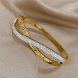 Stainless Steel Rhinestone Roman Numerals Bangles Bracelets 18K Plate