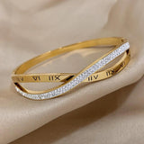 Stainless Steel Rhinestone Roman Numerals Bangles Bracelets 18K Plate