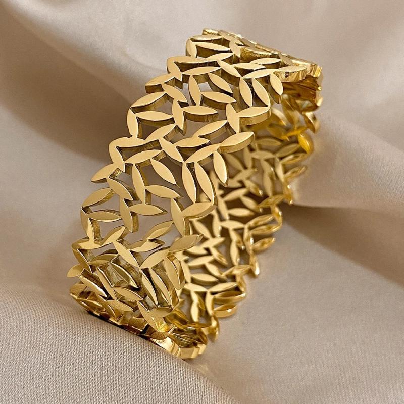 Chunky Punk Charm Leaf Wide Big Coin Stainless Steel Wide Bangle