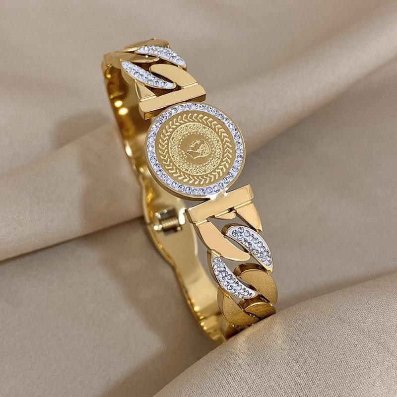Rhinestone King Head Coin Stainless Steel Bangle Bracelet