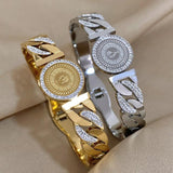 Rhinestone King Head Coin Stainless Steel Bangle Bracelet