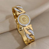 Rhinestone King Head Coin Stainless Steel Bangle Bracelet
