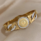 Rhinestone King Head Coin Stainless Steel Bangle Bracelet