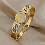 Rhinestone King Head Coin Stainless Steel Bangle Bracelet