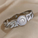 Rhinestone King Head Coin Stainless Steel Bangle Bracelet