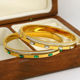 Green Rhinestone Charm Stainless Steel Bangles Bracelets for Women