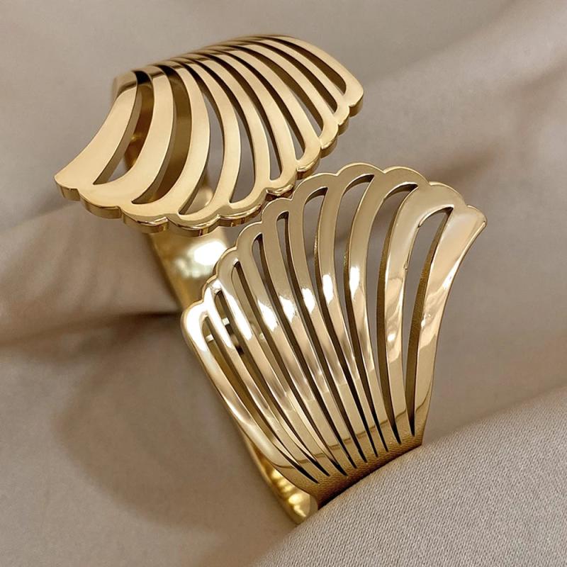 Thick Hollow Shell Shape Wide Stainless Steel Bangles Bracelets for Women