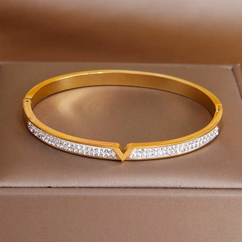 Stainless Steel V Charm Bracelet with Crystals for Women