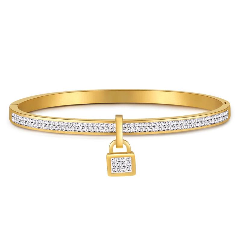 Crystal Rhinestone Lock Pendant Bangle Stainless Steel Cuff Bangles