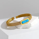 Stainless Steel Weave Bangle Bracelet Stone Charm Cuff