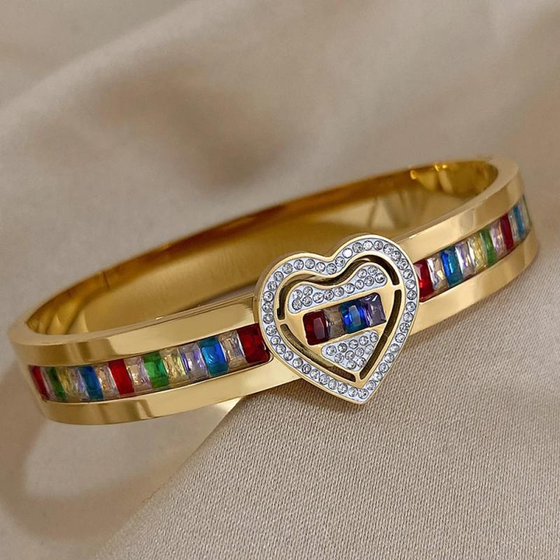 Colorful Crystal Zircon Heart Stainless Steel Bangles Bracelets for Women