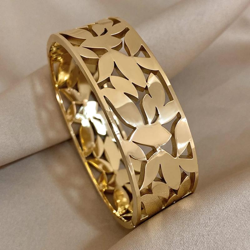 Chunky Charm Leaf Stainless Steel Wide Cuff Bangle Bracelet