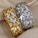 Chunky Charm Leaf Stainless Steel Wide Cuff Bangle Bracelet