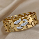 Chunky Charm Leaf Stainless Steel Wide Cuff Bangle Bracelet