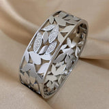 Chunky Charm Leaf Stainless Steel Wide Cuff Bangle Bracelet