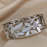 Chunky Charm Leaf Stainless Steel Wide Cuff Bangle Bracelet