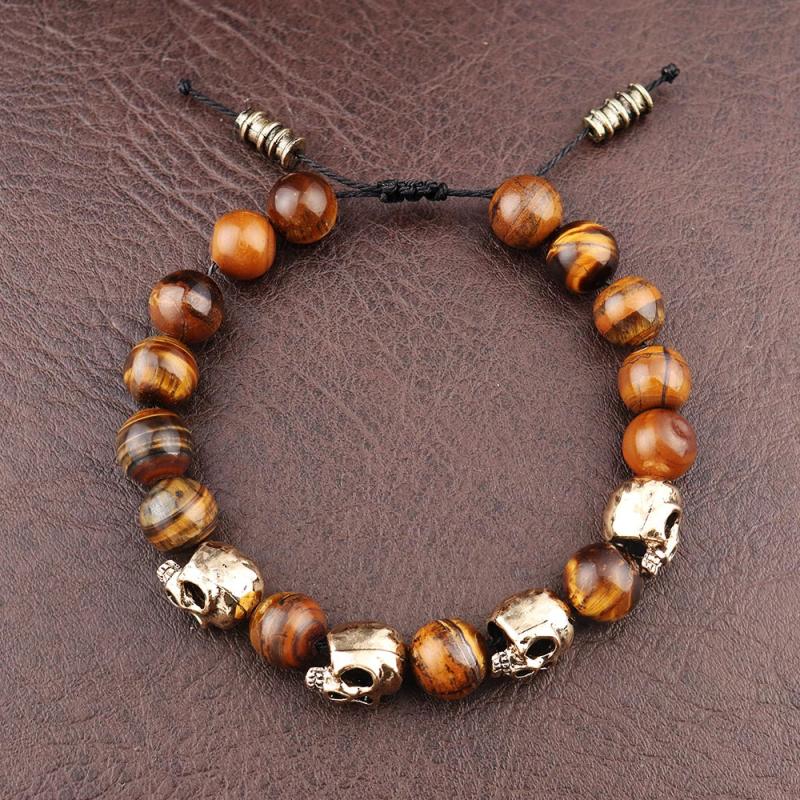 Vintage Agate Skull Bracelet Men's Gothic Punk Adjustable