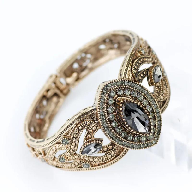 Vintage Gray Crystal Bangle, Antique Charm Bracelet for Women