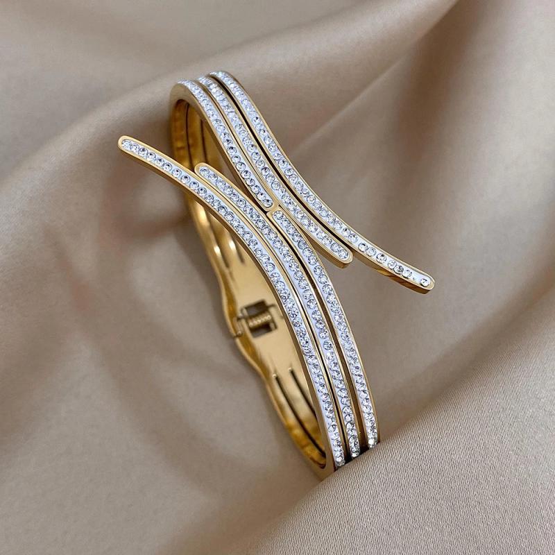 Stainless Steel Inlaid Rhinestone Cuff Bangles for Women