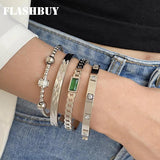 Charm Texture Bangles Bracelets Zircon Silver Women Gift