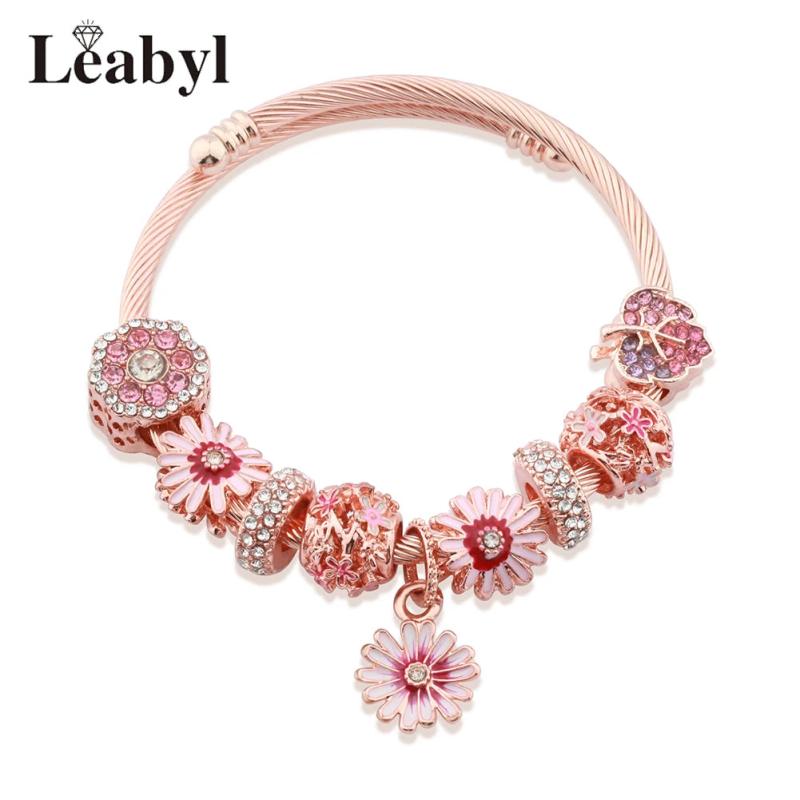 Rose Daisy Bead Pendant Bracelet Crystal Flower DIY Charm Bangle