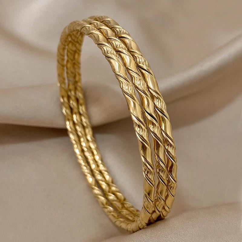 3Pcs Twist Thin Cuff Bracelets Stainless Steel Stacked Buddha Jewelry