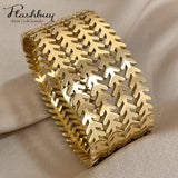 316L Stainless Steel Golden Thick Heavy Leaf Shape Bracelet Bangle for Women