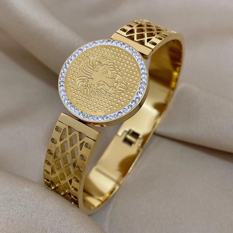 Crystal Lion Coin Stainless Steel Bangles Bracelets for Women Men