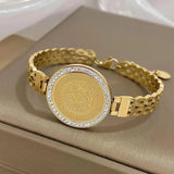 Crystal Lion Coin Stainless Steel Bangles Bracelets for Women Men