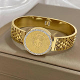 Crystal Lion Coin Stainless Steel Bangles Bracelets for Women Men