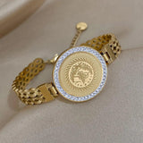 Crystal Lion Coin Stainless Steel Bangles Bracelets for Women Men