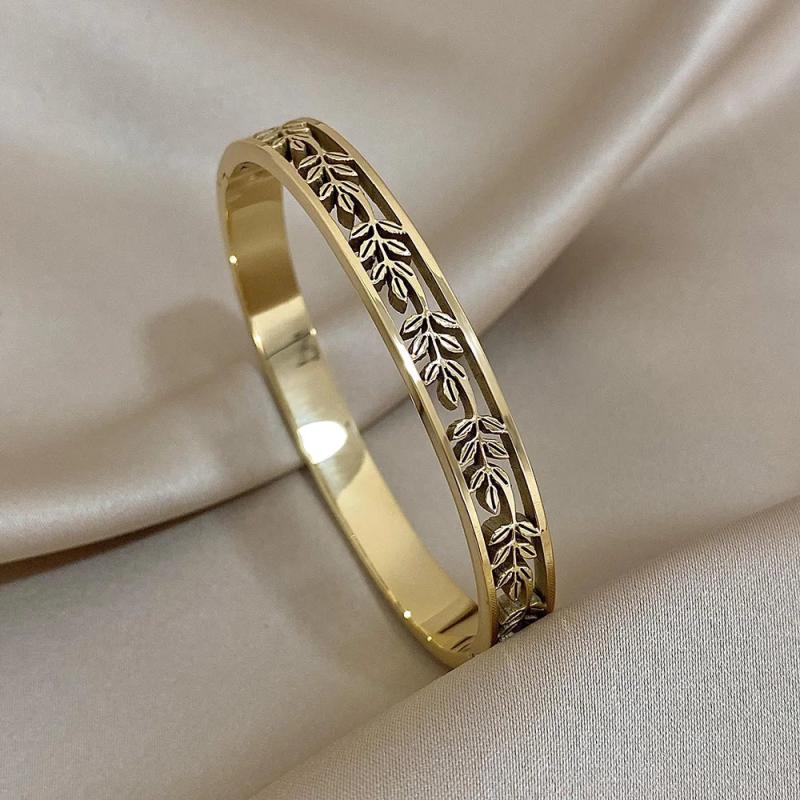 Hollow Leaves Stainless Steel Bangle Bracelet Silver Cuff Charm Jewelry